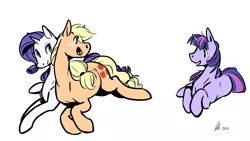 Size: 1600x904 | Tagged: safe, artist:rwl, derpibooru import, applejack, rarity, twilight sparkle, earth pony, pony, unicorn, female, hatless, implied lesbian, implied rarilight, implied shipping, implied twijack, lesbian, mare, missing accessory, ot3, polyamory, rarijack, shipping, simple background, snuggling, twirarijack, white background