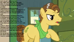 Size: 1280x720 | Tagged: safe, author:william shakespeare, derpibooru import, edit, edited screencap, screencap, grand pear, earth pony, pony, season 7, the perfect pear, angry, bandana, door, hallway, implied pear butter, male, open mouth, raised hoof, romeo and juliet, shakespeare, solo, stallion, text, written word, young grand pear, younger