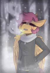 Size: 1634x2400 | Tagged: anthro, artist:daw3ird0, cigarette, clothes, comic:ponytale, derpibooru import, eyes closed, hand in pocket, jacket, oc, oc:ponytale scootaloo, safe, scootaloo, smoke, smoking, snow, solo, underfell, underfell scootaloo, unofficial characters only