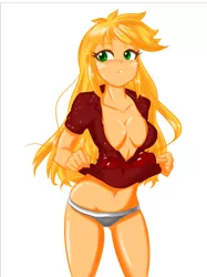 Size: 1024x1366 | Tagged: suggestive, artist:trainbang, derpibooru import, applejack, equestria girls, absolute cleavage, apple, breasts, busty applejack, cleavage, cute, female, food, lewd, sexy, simple background, solo, solo female, white background, working