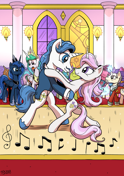 Size: 1637x2315 | Tagged: safe, artist:pony-berserker, derpibooru import, fancypants, fleur-de-lis, kibitz, princess celestia, princess luna, alicorn, pony, unicorn, background pony, ballroom, ballroom dancing, bipedal, clothes, dancing, duo focus, fancyfleur, female, i can't believe it's not idw, looking at each other, male, mare, music notes, royal sisters, shipping, smiling, stallion, straight