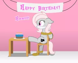 Size: 3712x3000 | Tagged: suggestive, artist:applec1234, artist:darkstormafterdark, deleted from derpibooru, derpibooru import, oc, oc:violet, unofficial characters only, earth pony, pony, banner, birthday, birthday cake, bondage, box tied, cake, chair, cloth gag, collaboration, dialogue, female, females only, femsub, food, gag, mare, muffled moaning, raised leg, rope, rope bondage, show accurate, solo, submissive, table, tied to chair, tied up, vector