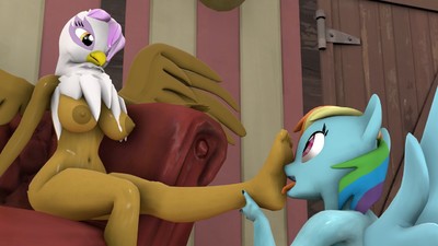 Size: 400x225 | Tagged: questionable, artist:scalelover, derpibooru import, gilda, rainbow dash, anthro, gryphon, pegasus, plantigrade anthro, 3d, breasts, busty gilda, door, duo, female, foot fetish, foot worship, gildash, interspecies, lesbian, licking, licking foot, nipples, nudity, shipping, sitting, source filmmaker