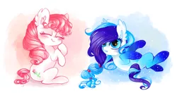 Size: 8315x4382 | Tagged: safe, artist:pinkablue, derpibooru import, desert rose, silver rain, earth pony, pony, absurd resolution, blushing, cute, diaraines, diaroses, duo, ear fluff, eyes closed, female, g3, gradient hooves, hnnng, mare, on back, scrunchie, sitting, smiling, starry eyes, wingding eyes