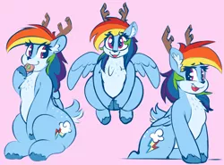 Size: 1750x1297 | Tagged: safe, artist:graphene, derpibooru import, rainbow dash, deer, deer pony, original species, peryton, antlers, cookie, cute, dashabetes, deerified, fluffy, food, looking at you, rainbow deer, reindeer dash, smiling, solo, species swap, wings