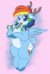 Size: 1345x2001 | Tagged: safe, artist:graphene, derpibooru import, rainbow dash, deer, deer pony, original species, peryton, chubby, clothes, cute, dashabetes, deerified, fluffy, looking at you, one eye closed, reindeer dash, scarf, smiling, solo, species swap, wings, wink