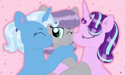 Size: 4975x3011 | Tagged: safe, artist:queenderpyturtle, derpibooru import, maud pie, starlight glimmer, trixie, earth pony, pony, unicorn, ear fluff, eyes closed, female, heart, lesbian, mare, mauxie, ot3, polyamory, ponytail, shipping, starmaud, starmauxie