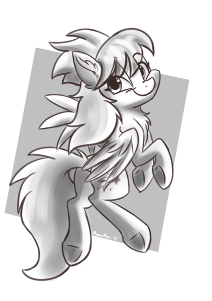 Size: 2893x4092 | Tagged: safe, artist:meowmavi, derpibooru import, cloudchaser, pegasus, pony, abstract background, chest fluff, ear fluff, female, flying, grayscale, looking at you, mare, monochrome, smiling, solo, spread wings, underhoof, wings