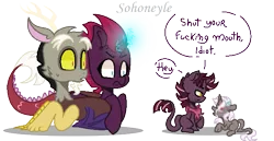 Size: 697x359 | Tagged: artist:sohoneyle, baby, broken horn, derpibooru import, discord, family, female, hybrid, interspecies offspring, leonine tail, male, my little pony: the movie, oc, oc:vortex shadow, offspring, parent:discord, parents:tempestcord, parent:tempest shadow, safe, shipping, simple background, straight, tempestcord, tempest shadow, transparent background, vulgar