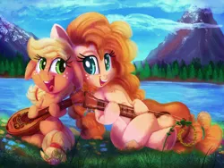 Size: 2000x1500 | Tagged: safe, artist:discorded, derpibooru import, applejack, pear butter, earth pony, pony, cloud, cute, duo, female, filly, freckles, grass, guitar, jackabetes, lake, mare, mother and daughter, mountain, pearabetes, singing, sky, smiling, water