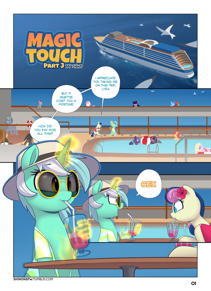 Size: 1280x1766 | Tagged: suggestive, artist:shinodage, derpibooru import, bon bon, lyra heartstrings, sweetie drops, oc, oc:krylone, oc:meno, earth pony, pegasus, pony, seagull, unicorn, comic:magic touch, comic:magic touch part 3, blunt, boat, brutal honesty, clothes, comic, cruise ship, cute, dialogue, drinking, female, honesty, hunter s. thompson, imminent spit take, lyrabetes, magic hands, mare, ocean, speech bubble, sunglasses, swimming pool, text, tinyface