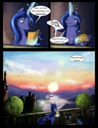 Size: 2000x2600 | Tagged: safe, artist:seventozen, derpibooru import, princess luna, pony, comic:the day breaks softly, comic, high res, letter, magic, note, solo, sunrise