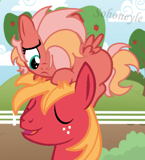 Size: 504x556 | Tagged: safe, artist:sohoneyle, derpibooru import, big macintosh, oc, oc:heart apple, pegasus, pony, base used, blank flank, father and daughter, female, filly, hair over one eye, male, offspring, parent:big macintosh, parent:fluttershy, parents:fluttermac, pony hat