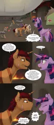 Size: 2640x6120 | Tagged: safe, artist:silfoe, derpibooru import, twilight sparkle, twilight sparkle (alicorn), oc, alicorn, gryphon, pony, unicorn, zebra, royal sketchbook, armor, cloud, cuffs, dialogue, female, fire, magic, male, mare, raider, rain, reality ensues, royal guard, shackles, speech bubble, spitting, stallion, talking, vulgar, zebra oc