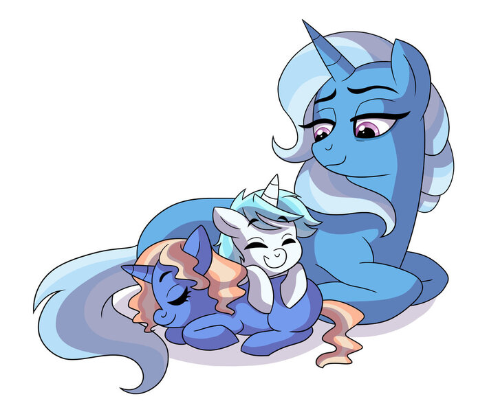 Size: 1024x864 | Tagged: safe, artist:cascayd, derpibooru import, trixie, oc, oc:angel dove, oc:misty, pony, unicorn, colt, cuddling, female, filly, happy, lidded eyes, male, mother, next generation, offspring, parent:prince blueblood, parent:trixie, parents:bluetrix, simple background, smiling, white background