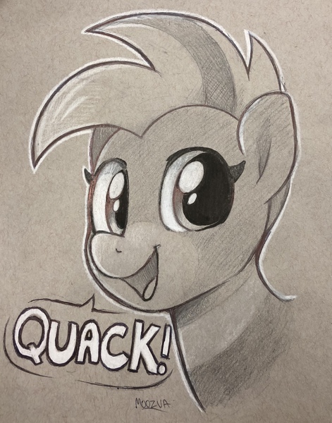 Size: 2481x3163 | Tagged: adorable face, bird pone, cute, derpibooru import, duck, looking at you, oc, oc:duk, physical copy, quack, safe, solo, traditional art, unofficial characters only