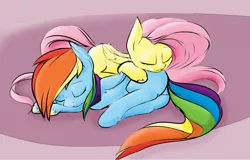 Size: 1716x1100 | Tagged: safe, artist:khaotixdreamfd, derpibooru import, fluttershy, rainbow dash, pegasus, pony, butt pillow, cute, debatably not shipping, female, flutterdash, lesbian, mare, pony pillow, shipping, sleeping