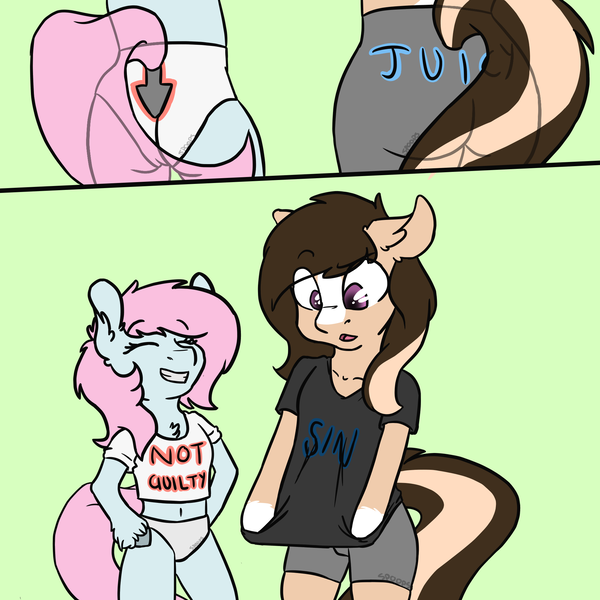 Size: 2000x2000 | Tagged: questionable, artist:spoopygander, derpibooru import, oc, oc:scoops, unofficial characters only, earth pony, pony, arrow, clothes, female, juicy, male, mare, markings, not guilty, plot, ponysona, shirt, sin, stallion, underwear