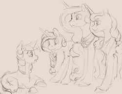 Size: 3300x2550 | Tagged: safe, artist:silfoe, derpibooru import, princess cadance, princess celestia, princess luna, twilight sparkle, alicorn, pony, unicorn, nomad au, alicorn triarchy, alternate universe, braid, broken leg, female, mare, monochrome, royal multiverse, royal sisters, simple background, sisters, sketch, splint, unicorn twilight