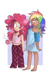 Size: 1142x1697 | Tagged: safe, artist:drawbauchery, derpibooru import, pinkie pie, rainbow dash, human, barefoot, clothes, coffee, coffee mug, feet, female, humanized, lesbian, mug, pajamas, pinkiedash, shipping, shirt, sleeping, sleeping while standing, watermark