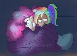 Size: 1709x1242 | Tagged: safe, artist:drawbauchery, derpibooru import, pinkie pie, rainbow dash, human, blanket, clothes, female, gray background, humanized, lesbian, lidded eyes, looking at something, pinkiedash, shipping, simple background, tired, watching, watermark