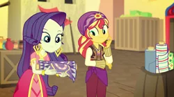 Size: 1912x1072 | Tagged: safe, derpibooru import, screencap, rarity, sunset shimmer, equestria girls, movie magic, spoiler:eqg specials, arabian, cloth, clothes, costume, cute, fabric, india movie set, shimmerbetes, sunshim