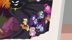 Size: 1912x1072 | Tagged: safe, derpibooru import, screencap, applejack, fluttershy, pinkie pie, rainbow dash, rarity, sci-twi, sunset shimmer, twilight sparkle, equestria girls, mirror magic, spoiler:eqg specials, apple, basket, clothes, costume, food, gypsy pie, humane five, humane seven, humane six, movie poster, sunshim