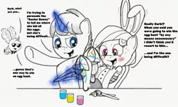 Size: 1478x887 | Tagged: arm behind back, artist:darkknighthoof, blushing, bondage, bowtie, bunny ears, clothes, costume, crossed hooves, crying, derpibooru import, dialogue, easter bunny, fetish, fishnets, happy bondage, hoof fetish, hoof tickling, junihoof, laughing, magic, oc, oc:beelzebug, oc:darkknighthoof, oc:juniper, paint, paintbrush, rope, rope bondage, safe, sweat, table, tears of laughter, tickling, unexpected