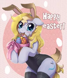 Size: 2000x2300 | Tagged: safe, artist:evomanaphy, derpibooru import, oc, oc:evo, unofficial characters only, earth pony, pony, basket, bunny ears, bunny suit, clothes, cute, easter, easter basket, easter egg, female, floppy ears, freckles, holiday, leotard, looking at you, mare, open mouth, smiling, stockings, thigh highs