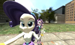 Size: 5120x3072 | Tagged: safe, artist:n3onh100, derpibooru import, rarity, starlight glimmer, equestria girls, 3d, building, city, gmod, park, selfie, tree