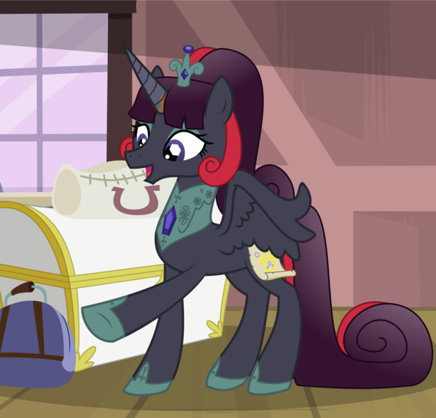 Size: 2087x2000 | Tagged: safe, artist:tentavamp, deleted from derpibooru, derpibooru import, oc, oc:princess black dahlia, crystal pony, pegasus, pony, clothes, collar, crown, fake cutie mark, fake horn, jewelry, joke character, luggage, mary sue, princess, regalia, shoes, solo