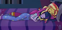 Size: 2406x1167 | Tagged: safe, artist:verumtee, derpibooru import, sci-twi, sunset shimmer, twilight sparkle, comic:sparkling shimmer, equestria girls, barefoot, bed, bedroom, chapter 1, clothes, cuddling, eyes closed, feet, female, lesbian, open mouth, pajamas, scitwishimmer, shipping, smiling, spooning, sunsetsparkle