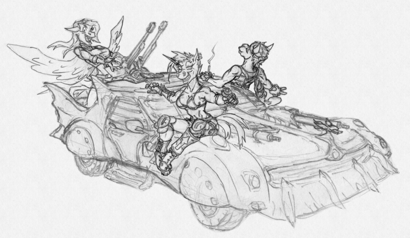 Size: 3257x1898 | Tagged: questionable, artist:siegfriednox, derpibooru import, oc, oc:burnout, oc:nitro drift, oc:road rage, unofficial characters only, anthro, earth pony, pegasus, unicorn, car, fallout, female, group, mad max, mad max fury road, raider, smoking, traditional art, weapon