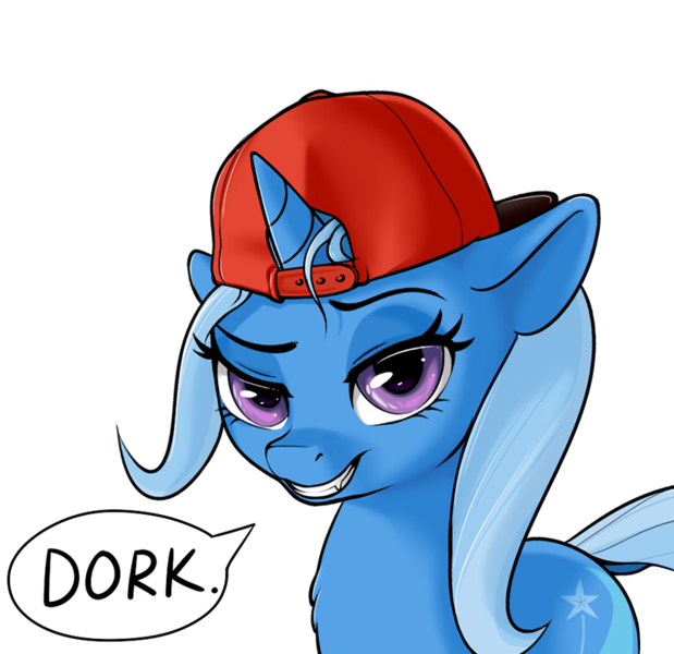 Size: 798x774 | Tagged: safe, artist:coinpo, derpibooru import, trixie, pony, unicorn, backwards ballcap, baseball cap, cap, cute, cute little fangs, dialogue, diatrixes, dork, ed edd n eddy, fangs, female, floppy ears, fur, grin, hat, kathleen barr, kevin, lidded eyes, looking at you, raised eyebrow, simple background, smiling, smirk, solo, speech bubble, transparent background, voice actor joke