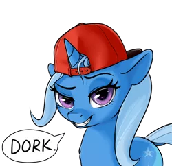 Size: 798x774 | Tagged: safe, artist:coinpo, derpibooru import, trixie, pony, unicorn, backwards ballcap, baseball cap, cap, cute, cute little fangs, dialogue, diatrixes, dork, ed edd n eddy, fangs, female, floppy ears, fur, grin, hat, kathleen barr, kevin, lidded eyes, looking at you, raised eyebrow, simple background, smiling, smirk, solo, speech bubble, transparent background, voice actor joke