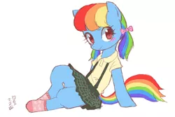 Size: 1800x1200 | Tagged: safe, artist:yanamosuda, derpibooru import, rainbow dash, pegasus, semi-anthro, alternate hairstyle, blushing, clothes, cute, dashabetes, female, looking at you, mare, moe, pigtails, plaid, plaid skirt, pleated skirt, rainbow dash always dresses in style, ribbon, shirt, simple background, sitting, skirt, socks, solo, suspenders, twintail, white background