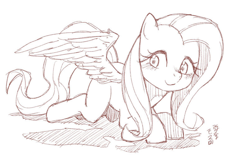 Size: 1800x1200 | Tagged: safe, artist:yanamosuda, derpibooru import, fluttershy, pegasus, pony, cute, female, looking at you, looking sideways, mare, monochrome, prone, simple background, sketch, smiling, solo, spread wings, white background, wings