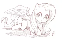 Size: 1800x1200 | Tagged: safe, artist:yanamosuda, derpibooru import, fluttershy, pegasus, pony, cute, female, looking at you, looking sideways, mare, monochrome, prone, simple background, sketch, smiling, solo, spread wings, white background, wings