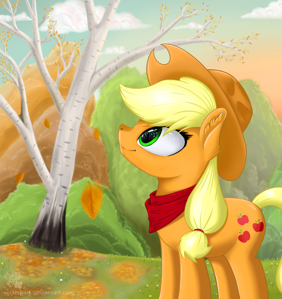 Size: 3200x3400 | Tagged: safe, artist:solarspark, derpibooru import, applejack, earth pony, pony, autumn, bandana, cloud, cowboy hat, female, hat, looking up, mare, scenery, sky, smiling, solo, stetson, tree