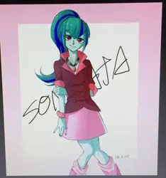 Size: 1009x1079 | Tagged: safe, artist:meo_oji, derpibooru import, sonata dusk, equestria girls, boots, bracelet, clothes, cute, female, jewelry, looking at you, necklace, ponytail, shoes, skirt, socks, solo, spiked wristband, traditional art, wristband