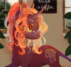 Size: 600x567 | Tagged: safe, artist:wolfiedrawie, derpibooru import, oc, oc:wormhole, unofficial characters only, classical unicorn, pony, unicorn, art trade, cloven hooves, female, glasses, indoors, leonine tail, mare, plant, smiling, solo