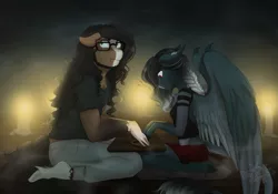 Size: 2865x2000 | Tagged: safe, artist:askbubblelee, derpibooru import, oc, oc:pandie, oc:walter nutt, unofficial characters only, anthro, earth pony, pegasus, unguligrade anthro, anthro oc, candle, clothes, death by coffee, female, glasses, kneeling, male, mare, nervous, oc x oc, ouija board, shipping, shirt, skirt, stallion, story in the source, straight, unshorn fetlocks