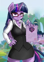 Size: 1000x1414 | Tagged: alicorn, anthro, artist:iloota, clothes, cloud, derpibooru import, female, glasses, hand on hip, hips, horn, lip bite, mare, mountain, safe, school daze, school of friendship, side slit, skirt, skirt suit, sky, solo, stockings, suit, thigh highs, twilight sparkle, twilight sparkle (alicorn), vest, waterfall, wings, zettai ryouiki