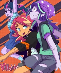 Size: 833x1000 | Tagged: safe, artist:tsukusun, derpibooru import, sci-twi, starlight glimmer, sunset shimmer, twilight sparkle, equestria girls, equestria girls series, spoiler:eqg specials, beanie, clothes, female, glasses, hat, jacket, jeans, leather jacket, pants, ponytail, ripped pants, shirt, skirt, torn clothes, trio