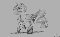 Size: 1200x750 | Tagged: safe, artist:amarynceus, deleted from derpibooru, derpibooru import, princess luna, alicorn, pony, cloven hooves, female, freckles, gray background, grayscale, horn, looking at you, mare, monochrome, realistic horse legs, signature, simple background, solo, unshorn fetlocks, wings