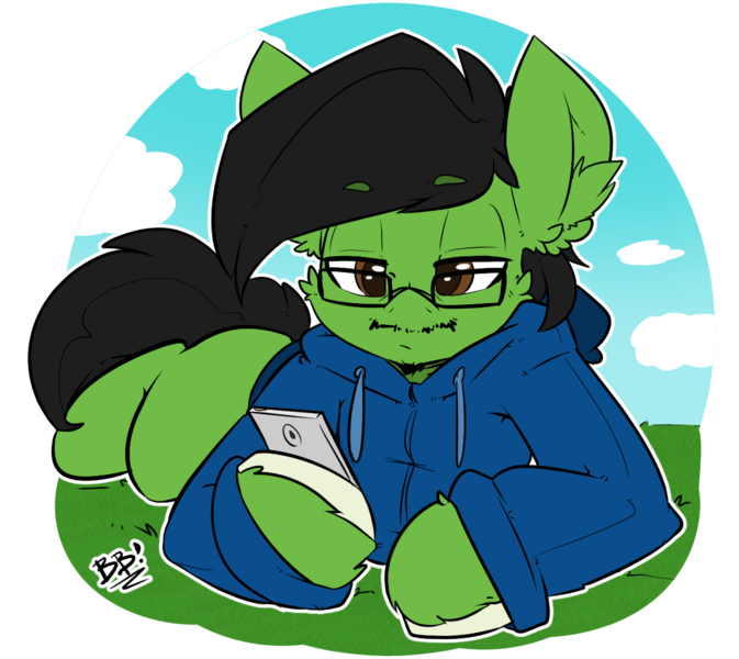 Size: 1150x1026 | Tagged: artist:bbsartboutique, artist:b-cacto, beard, clothes, derpibooru import, edit, facial hair, glasses, grass, hoodie, mobile phone, moustache, oc, oc:cactus needles, phone, safe, sweater