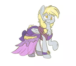 Size: 2769x2413 | Tagged: safe, artist:fluffyxai, derpibooru import, derpy hooves, pegasus, pony, accessories, beautiful, blushing, clothes, cute, dress, female, floral head wreath, flower, gala dress, mare, pretty, simple background, sketch, smiling, solo, white background, wings