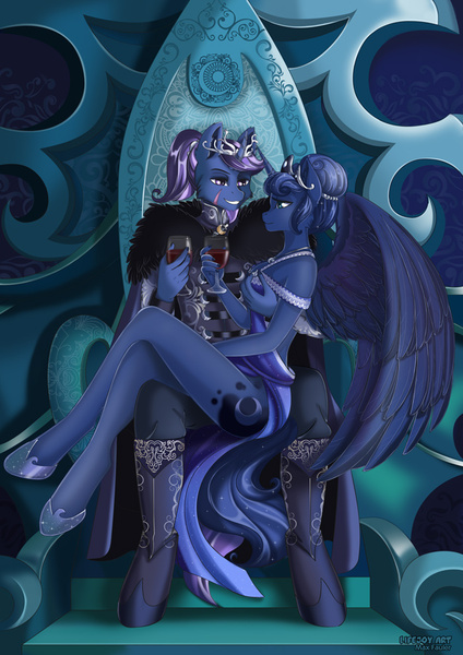 Size: 636x900 | Tagged: suggestive, artist:lifejoyart, derpibooru import, princess luna, oc, oc:azure night, alicorn, anthro, unguligrade anthro, unicorn, alcohol, alternate hairstyle, anthro oc, azuna, breast grab, breasts, canon x oc, clothes, commission, crown, dress, female, glass, grope, husband and wife, jewelry, male, necklace, regalia, scar, smiling, straight, throne, wine, wine glass, ych result