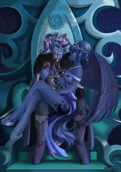 Size: 636x900 | Tagged: suggestive, artist:lifejoyart, derpibooru import, princess luna, oc, oc:azure night, alicorn, anthro, unguligrade anthro, unicorn, alcohol, alternate hairstyle, anthro oc, azuna, breast grab, breasts, canon x oc, clothes, commission, crown, dress, female, glass, grope, husband and wife, jewelry, male, necklace, regalia, scar, smiling, straight, throne, wine, wine glass, ych result