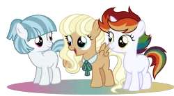 Size: 1607x885 | Tagged: safe, alternate version, artist:strawberry-spritz, derpibooru import, earth pony, pegasus, pony, unicorn, alternate timeline, alternate universe, base used, blank flank, collaboration, female, filly, magical gay spawn, magical lesbian spawn, multicolored hair, offspring, parent swap au, parent:bow hothoof, parent:cloudy quartz, parent:gentle breeze, parent:hondo flanks, parent:igneous rock, parent:windy whistles, parents:gentlerock, rainbow hair, raised hoof, ribbon, simple background, transparent background